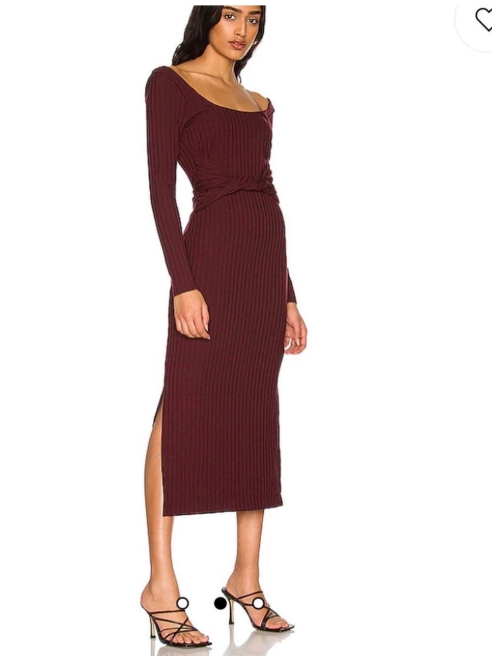 MinkPini Ribbed Long Sleeve Midi Dress in Burgundy